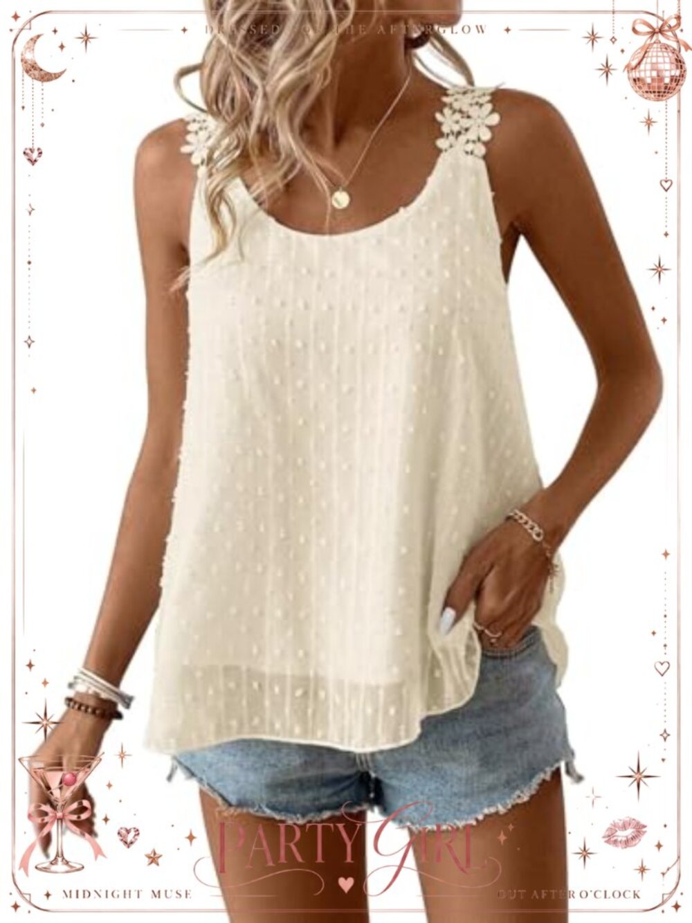 Swiss Dot Sleeveless Tank Top Lace Straps Casual Summer